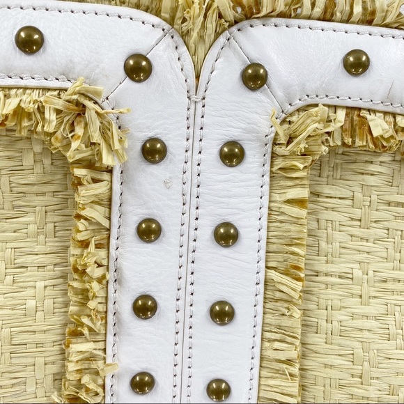 BCBGIRLS White Vegan Leather Straw Studded Tote - Picture 3 of 14